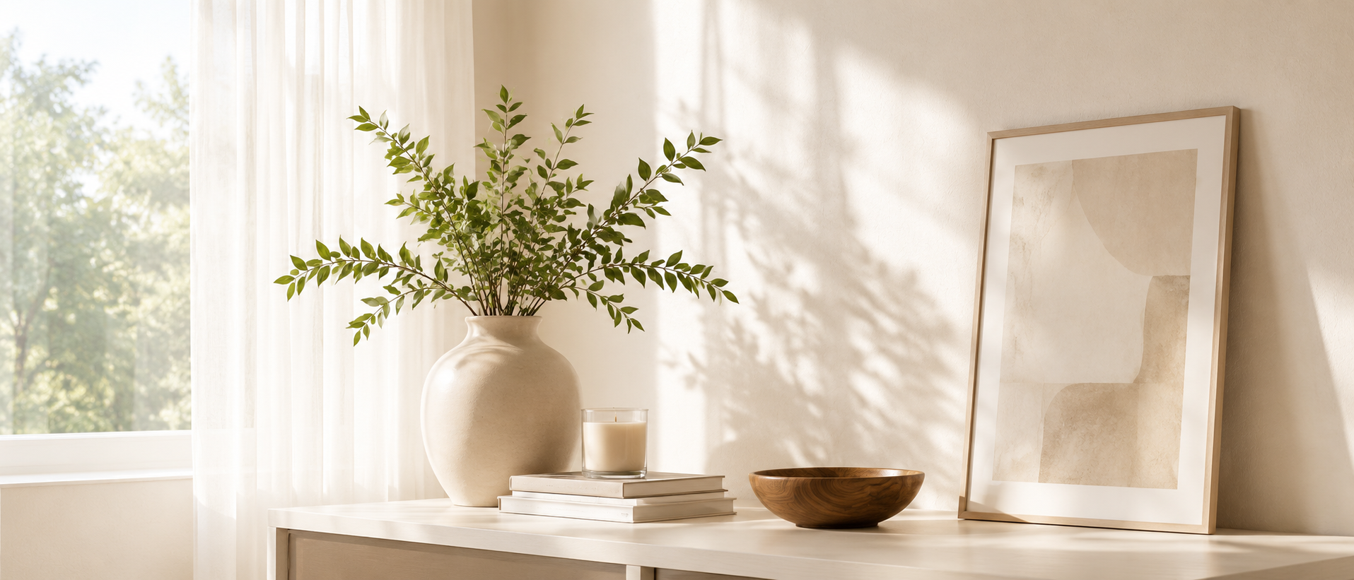 A styled interior scene with a white ceramic vase holding green leafy stems on a light console table, next to a framed abstract print, a candle, and a small bowl in a sunlit room.
