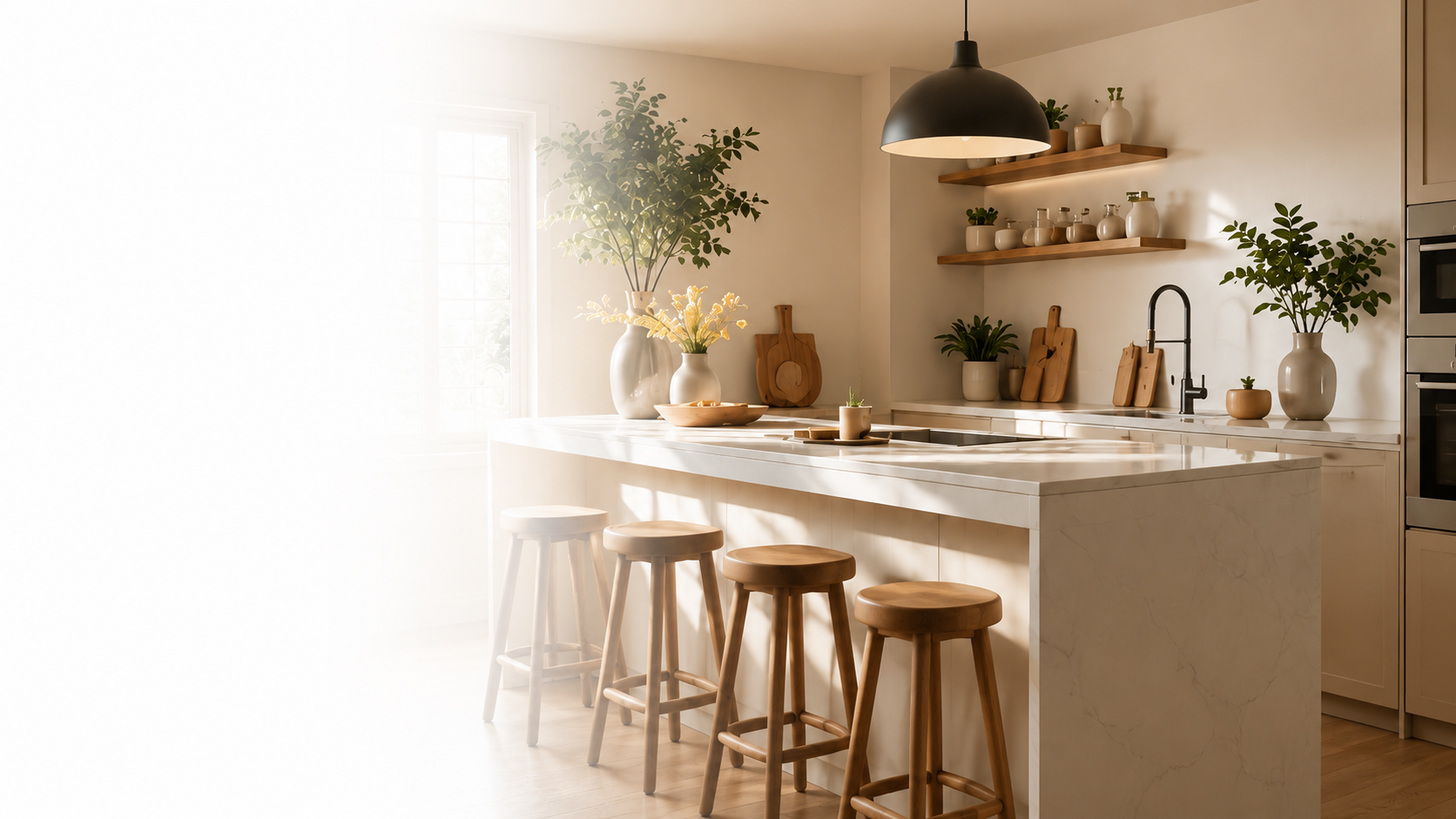 A bright, modern kitchen island with a white marble countertop and base, three wooden bar stools, open wood shelves with ceramic jars, and potted green plants. A black dome pendant light hangs above, and a window on the left is heavily overexposed with bright sunlight.