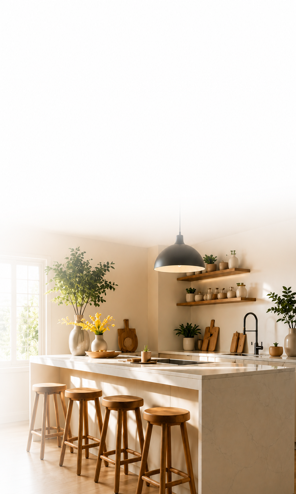 A bright, modern kitchen island with a white marble countertop, wooden stools, open wood shelves with jars and plants, and a dark dome pendant light overhead.