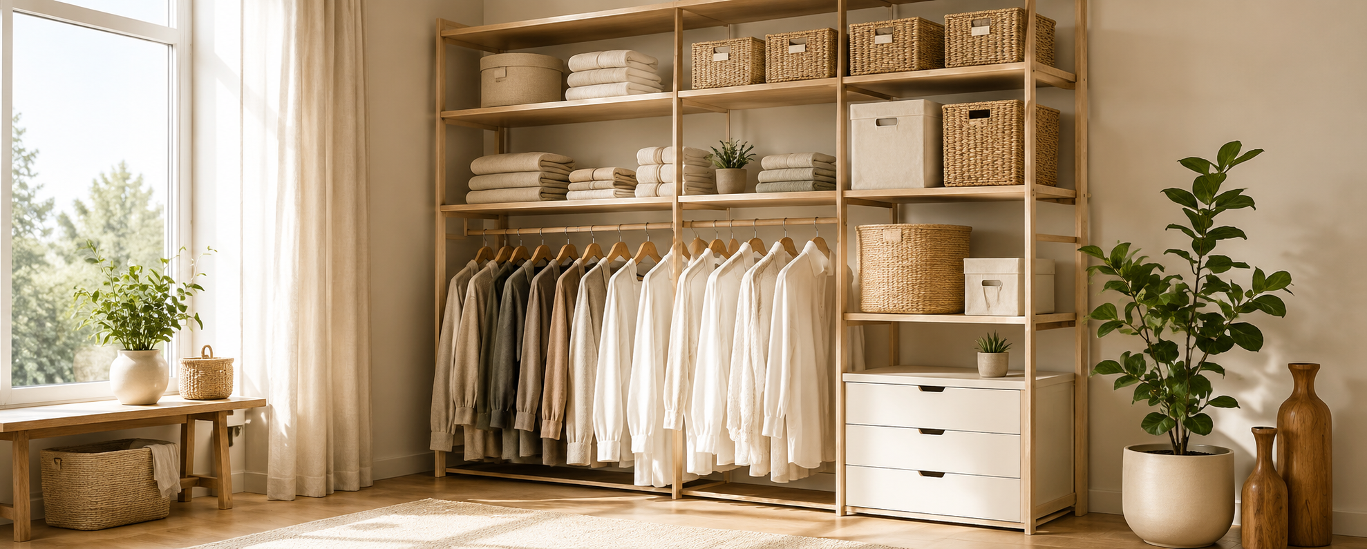A tall, light wood closet organizer with multiple shelves, hanging rods, and a white drawer unit, styled with folded towels, baskets, and hanging garments in a bright, sunlit room.
