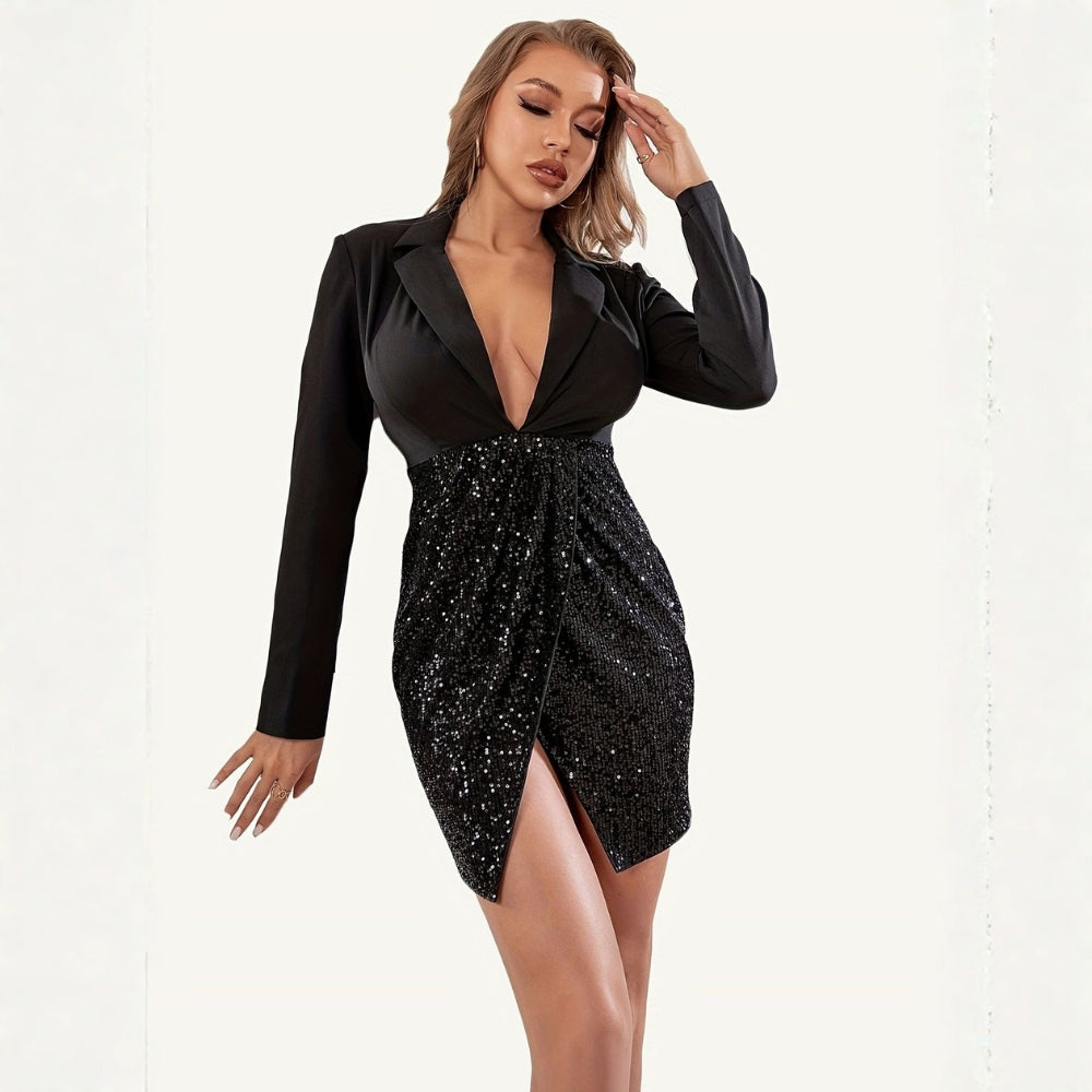 Contrast Sequin Lapel Bodycon Dress
